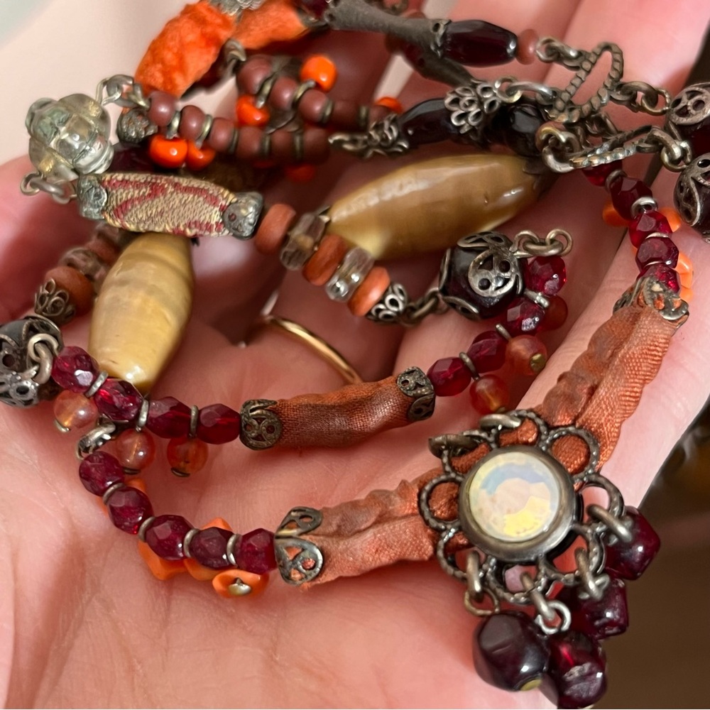 Ayala Bar Israeli Artisan Brass Glass Two strand Brutalist red Orange Necklace